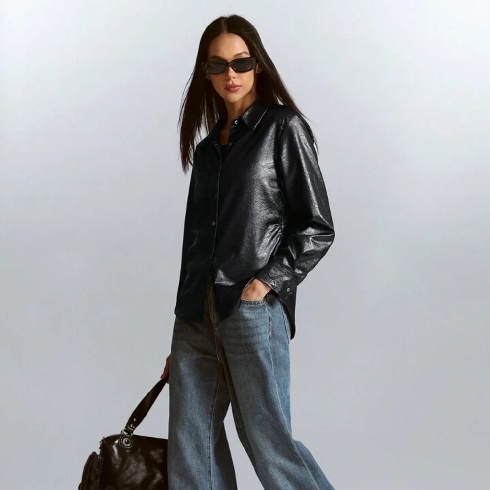 Steele Faux Cotton and PU Leather Black Button Up Shirt Jacket